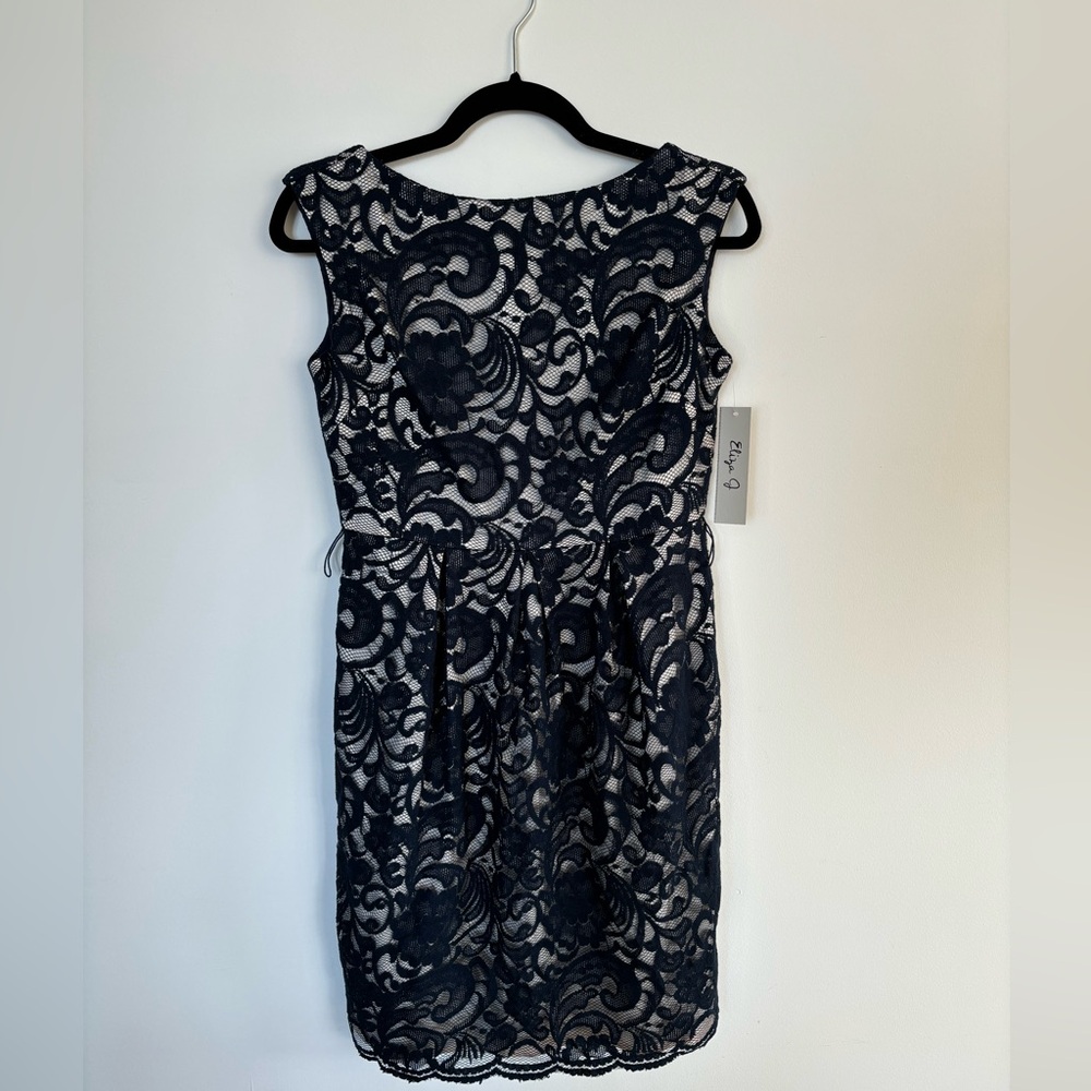 Eliza J. navy lace sheath dress